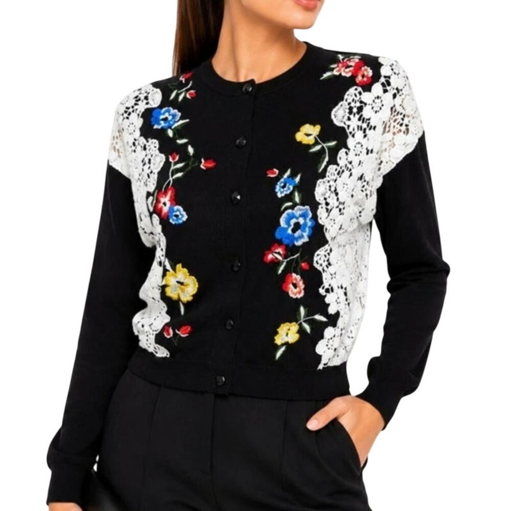 Alice + Olivia Floral Lace Maximalist Boho Cottagecore Sweater Cardigan
